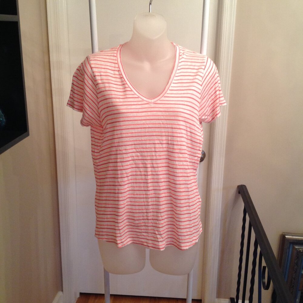 Vineyard Vines Lightweight Hot Pink Red White Striped V Neck T-Shirt XS